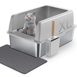 Котлочистка Gimars XL з металу, велика котяча туалет, нержавіюча сталь 20L з лопаткою та килимком, міцна котяча туалет з металу, котяча туалет з нержавіючої сталі для великих та середніх котів (світло-сіра з килимком)