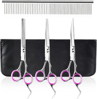Набір професійних ножиць для грумінгу собак та котів, 5 шт. з нержавіючої сталі: ножиці для підстригання, ножиці для витончення, ножиці з вигнутим лезом, ножиці для стрижки лап, гребінець для грумінгу