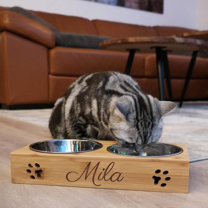 Кормушка для котів LAUBLUST з іменним гравіюванням - Натуральне дерево | 31x15x6 см - 2 миски з нержавіючої сталі (0,35л кожна) | Підвищена годівниця для котів | Сріблясті миски для котів