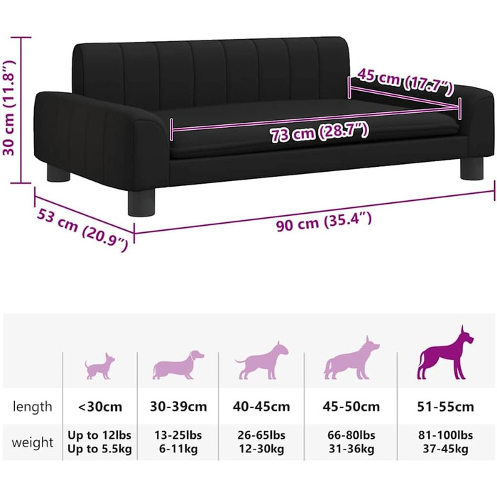Лягушка для собак, м'яка подушка для собак, диван-софа для собак, лежанка для маленьких собак, лежанка для домашніх тварин, лежанка для котів, чорна штучна шкіра, 90 x 53 x 30 см, чорний колір