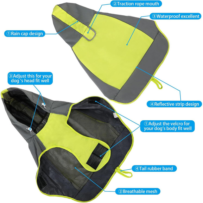 Водонепроникний дощовик для собак, регульований, з відбиваючими смугами та капюшоном, для прогулянок на відкритому повітрі, для маленьких, середніх та великих собак (зелений, XXL)