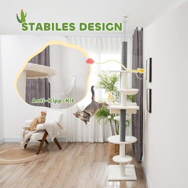 Дерево для котів PawHut - кігтеточка, ліжко-гамак, корзина, іграшки, захист від перекидання, білий, 225-255 см