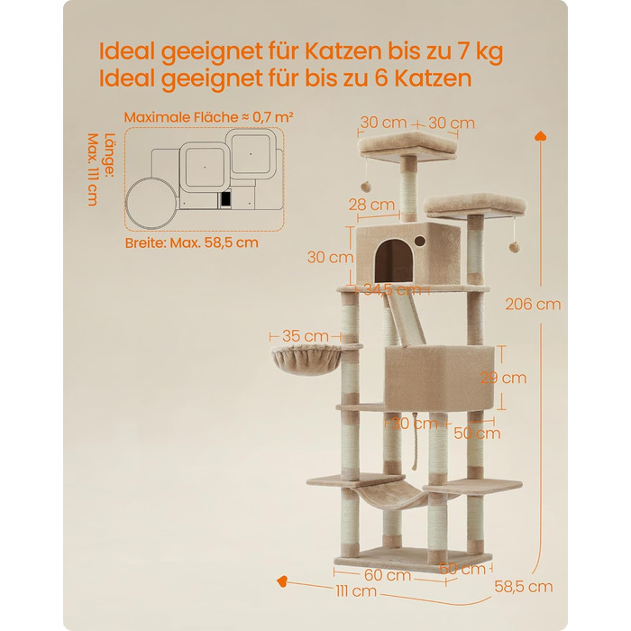 Великий котячий комплекс Feandrea з 13 стовпчиками для дряпання, 2 платформами, 2 печерами, гамаком та кошиком, 168 см, PCT165W01 (XXL, бежево-коричневий)