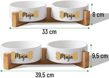 Керамічний двомісний набір мисок з іменем для собак та котів 'Кістка' - персоналізований набір мисок з/без підставки | Миска для собак, годівниця, миска для котів | Годівниця (2x500мл, стійка)