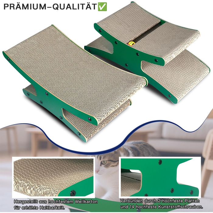 Котяче дряпальня з будиночком - XL дряпка з картону двостороння 56x26x20см - Стабільне ліжко-дряпка, місце для відпочинку та іграшка з м'ячиком (натуральне дерево)