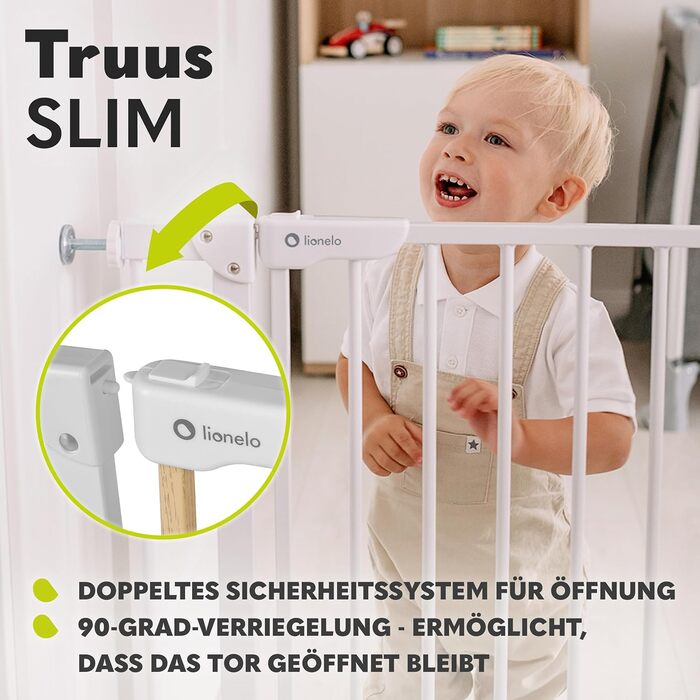 Безпечні ворота LIONELO Truus Slim, регульована ширина 75-105 см, висота 77 см, двостороннє відкривання, самозачиняються, округлі краї, встановлення без свердління