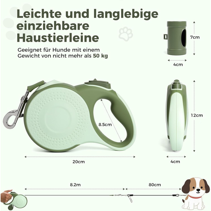 Рулетка для собак BMaobbo 8м, міцна сталева лебідка, тримач для відходів, антизаплутування, швидке гальмування, для собак до 50кг, для тренувань, лісу, пляжу