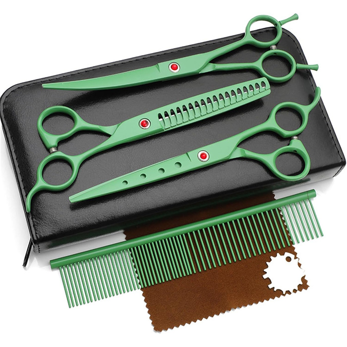 Набір професійних ножиць для собак 4 в 1: прямі, зубчасті, вигнуті ножиці + гребінець. Підходить для собак, котів та інших тварин
