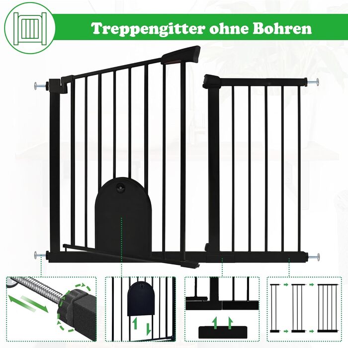 Захист для воріт SUBTLETY з дверцями для котів, автоматичне закриття, захист для сходів, захист для собак та дітей без свердління, розширюваний, чорний (75-85 см)