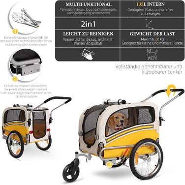 Причеп-перевозник для собак 2-в-1 для велосипеда та бегу - для собак до 30 кг, складний, з гальмами, сигнальним прапорцем, для активного відпочинку та дому, легко збирається (Жовтий)