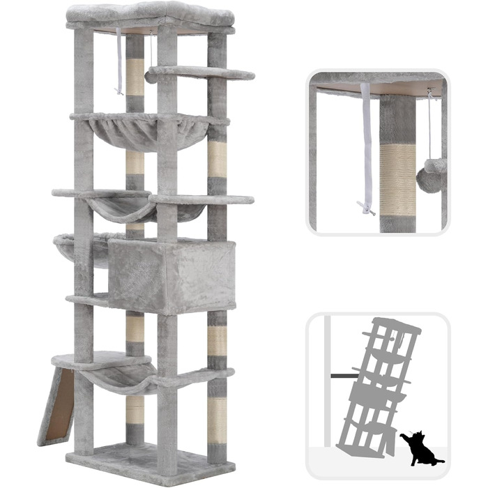 Багатоярусний котячий будиночок Hey-brother Kratzbaum, 175 см, сірий. З платформами, гамаком, печерами, котячими будиночками, дряпалкою та іграшкою. Модель EMPJ037W