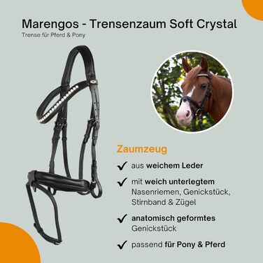 Анатомічна вуздечка Marengos Trensenzaum Soft Crystal з комбінованим англійським капсюлем із шкіри для коней і поні, чорна, з м'яким потиличником та повідцями