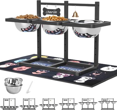 Підвищені годівниці для собак з повільним годуванням, 5 регульованих висот, неслизький, міцний металевий каркас, непромокальний килимок, стійкі до іржі миски, легко миються, висота: 42 см