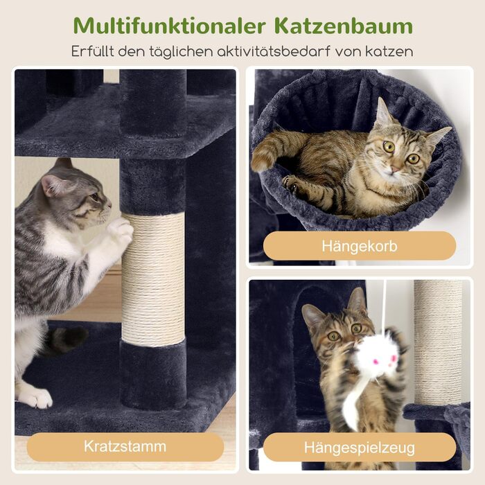 Драбина-кіготь Globlazer для котів, 168 см, з 3 будиночками, великою платформою, 5 стовпчиками з сизалю, кошиком та іграшками. Підходить для 3-4 дорослих котів (F66, темно-сірий)