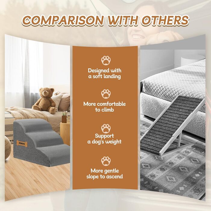 Сходинка для собак та котів Romrol, 3 сходинки, сіра – м'яка, з неслизьким покриттям, для захисту суглобів
