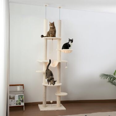 PawHut Дряпка для котів 225-255 см, 7 рівнів, з гамаком, платформами, іграшковим м’ячем, бежево-сіра