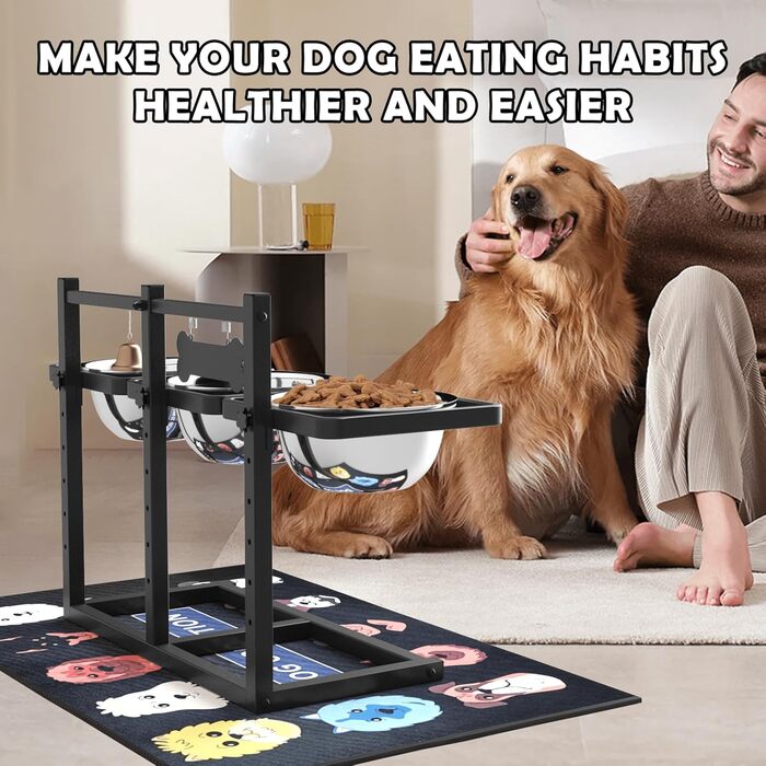 Підвищені годівниці для собак з повільним годуванням, 5 регульованих висот, неслизький, міцний металевий каркас, непромокальний килимок, стійкі до іржі миски, легко миються, висота: 42 см