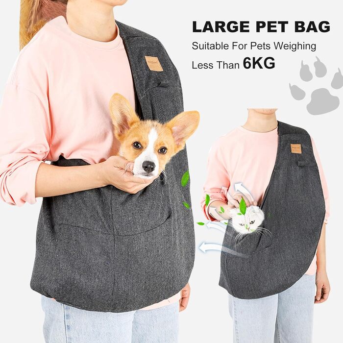 PETCUTE Сумка-переноска для собак до 6 кг, сіра, з кишенею та ременем безпеки