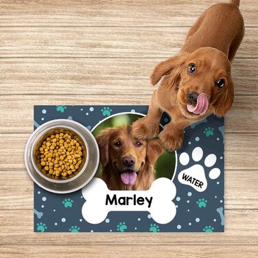 Підкладка під миску з іменем для домашніх тварин | Килимок для собак та котів | 45 x 75 см | Гумова підкладка 4 мм | Мотив домашнього улюбленця | Eat Sleep Walkies