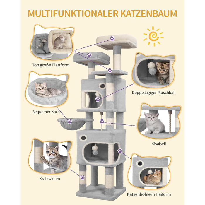 Драбина-кіготь Hzuaneri для котів, 159 см, 8 стовпчиків, 3 платформи, 2 хованки, кошик, плюшеві кульки, мотузка з сизалю, підходить для котів різних розмірів, сірий MS15918LG L (50 x 40 x 159 см)