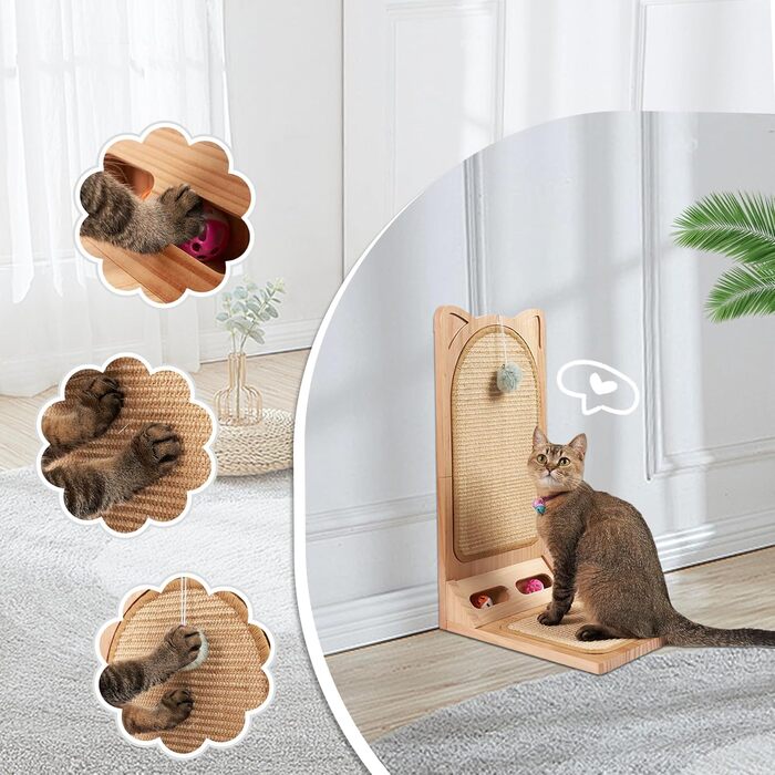Котячий когтетоп MALOROY з масивного дерева, 58 см, L-подібний когтетоп з картону, стійкий, з іграшкою-м'ячиком, для стіни та кута