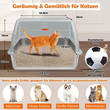 Котловий туалет SZEETECH для котів, великий XXL, нержавіюча сталь з кришкою, з лопаткою, килимком та підставкою, сірий