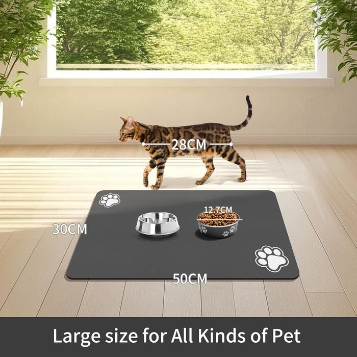 Підстилка для годівлі домашніх тварин – вбираюча підкладка під миски для їжі та води, стійка до плям, швидковисихаюча (темно-сірий, 2 лапки, 44.5 x 71 см)