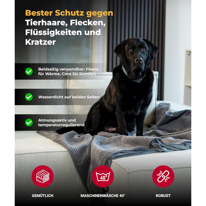 Водонепроникний плед для собак на диван – захист від плям – дихаючий та пральний – для собак та котів – виготовлено в Німеччині (Антрацит, 135x195 см)