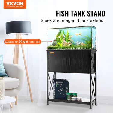 Стійка для акваріума VEVOR 20 галонів, сталева, з МДФ, 65x42x81 см, до 76 кг, з шафою для зберігання та вбудованим блоком живлення, підходить для акваріумів, тераріумів і тераріумів для черепах