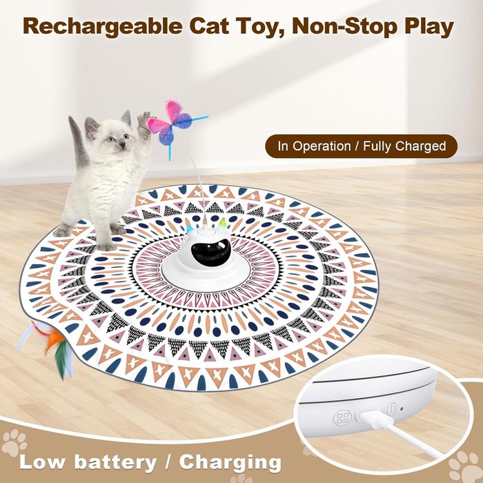 Інтерактивна іграшка для котів Spessn 2-в-1: електрична з пір'ям, інтелектуальна, 3 режими, USB-зарядка (білий котячий візерунок)