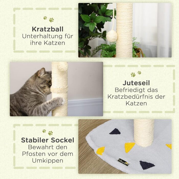 Котячий кігтеточки PawHut 62см: когтеточка-стійка з джутового покриття, з іграшкою-м'ячиком, для дому, сіро-бежева