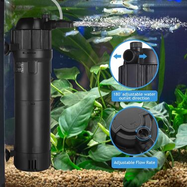 Фільтр для акваріума ITIY 5-в-1 з UV-фільтром, 650 л/год, 6W, таймер, регульований на 180°, для малих акваріумів, тропічних акваріумів, та акваріумів для черепах. UV: 8W