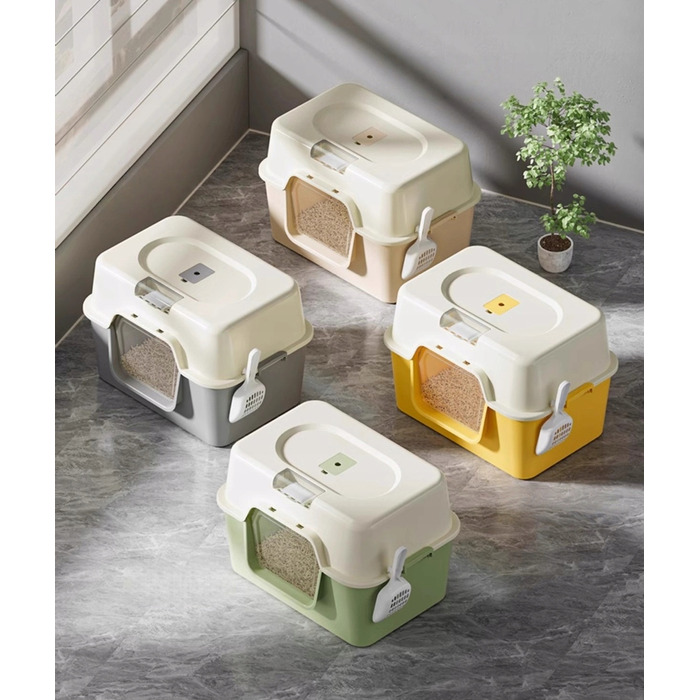 Закритий туалет для котів сірого кольору з лопаткою