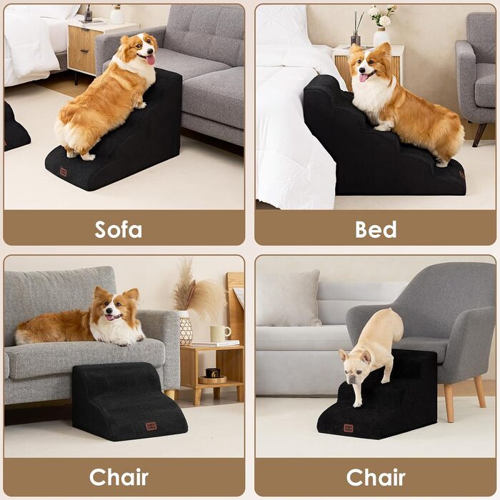 Сходинки для собак EHEYCIGA: 50 см, 4 сходинки, для маленьких собак, на диван/ліжко, з високощільним губчастим матеріалом, знімний та миючий чохол, антиковзне покриття, сірий (40 x 50 x 30 см)