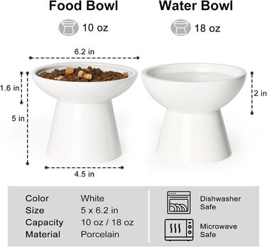 Набір мисок для котів YauYik (2 шт.) – керамічні миски для корму та води, підняті, широкі, білі