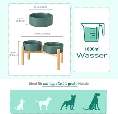 Миска для собак SpunkyJunky з кераміки, піднята годівниця для собак, миска для води з бамбуковим підставкою, 1800 мл, зелена