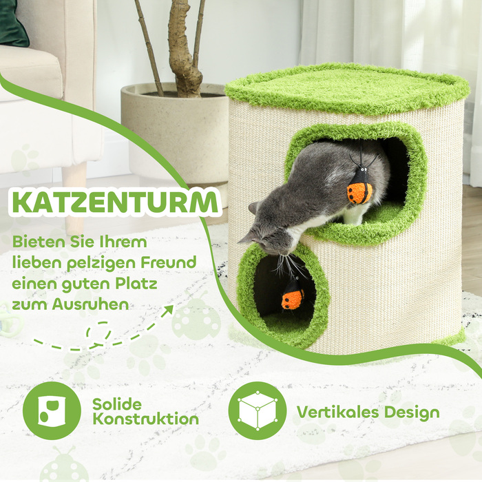 Бочка для подряпин PawHut, висота 52 см Бочка для кішок з 2 печерами, кігтеточка з іграшкою сонечко, котяча вежа з сизалю, для котів до 5 кг, зелений+кремово-білий | Аосом