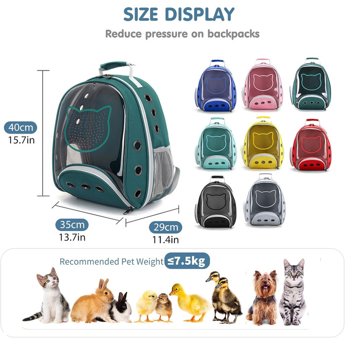 Рюкзак для котів та маленьких собак PETCUTE, дихаючий, знімний килимок, до 6 кг, з прозорим вікном, для подорожей (темно-зелений)