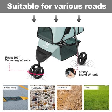 Дитяча коляска для тварин, складана, для котів/собак, з кошиком для зберігання та тримачем для напоїв, 3 колеса, для собак та котів, для маленьких або середніх собак, котів, цуценят (Блакитно-зелений)