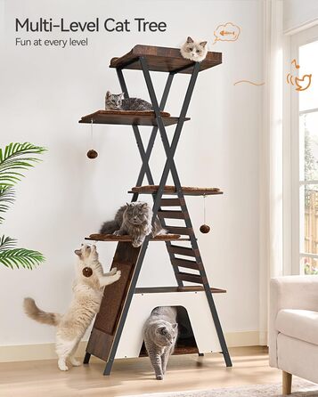 Котячий дім FourFurPets 184 см, багаторівневий дерев'яний котячий комплекс з когтеточкою та будиночками, сучасний котячий тур для дому, великий майданчик, коричневий рустикальний стиль