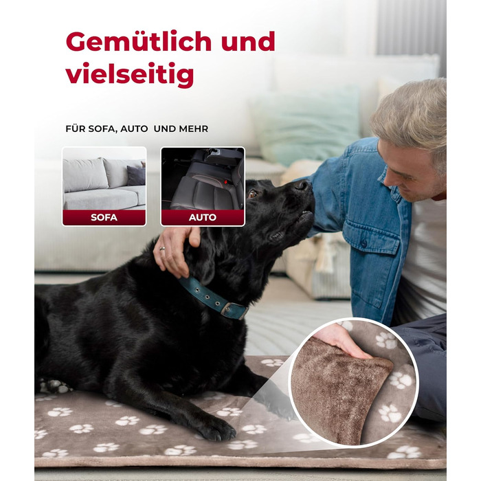 Лежак для собак HS-Hundebett® L 75x115 см, двосторонній, м'який, 3 см наповнювач, для дивана, авто та будки, колір бежевий з лапками, зроблено в Німеччині