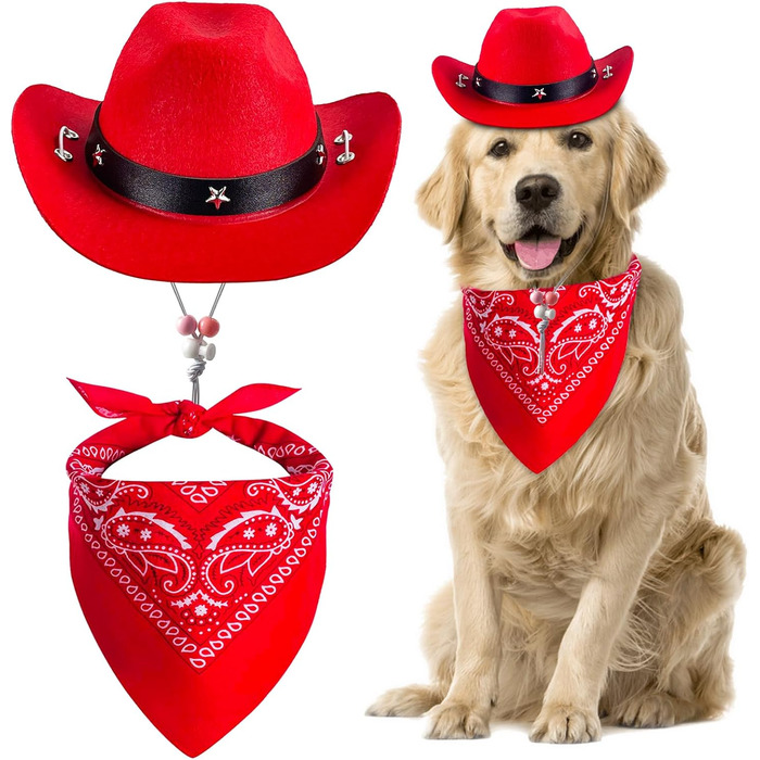 Ковбойський комплект для тварин: капелюх та бандана для собак та котів. Ідеально для святкування дня народження в мексиканському стилі та повсякденного носіння. Червоний, однотонний (Getaway Solids)