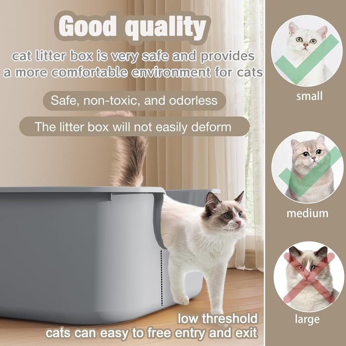 Відкритий лоток для котів Pawsayes з високими бортиками та низьким порогом, захист від розбризкування наповнювача, сірий колір