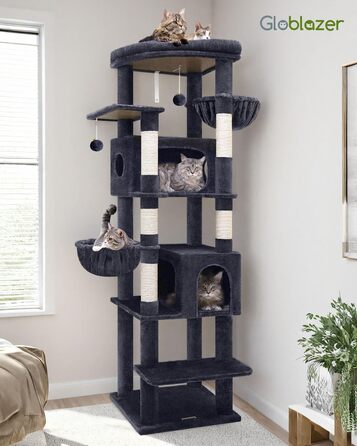 Драбина для котів Globlazer XXL, 188 см, з будиночком, платформами та кошиками. Стабільна, не перекидається, для великих котів. Темно-сірий (S74)