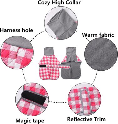 Теплий стьобаний термо-мандель для собак, водонепроникний, рожево-клітинний, з отвором для шлейки, з флісовою підкладкою, для маленьких, середніх та великих собак, XX-Large рожевий