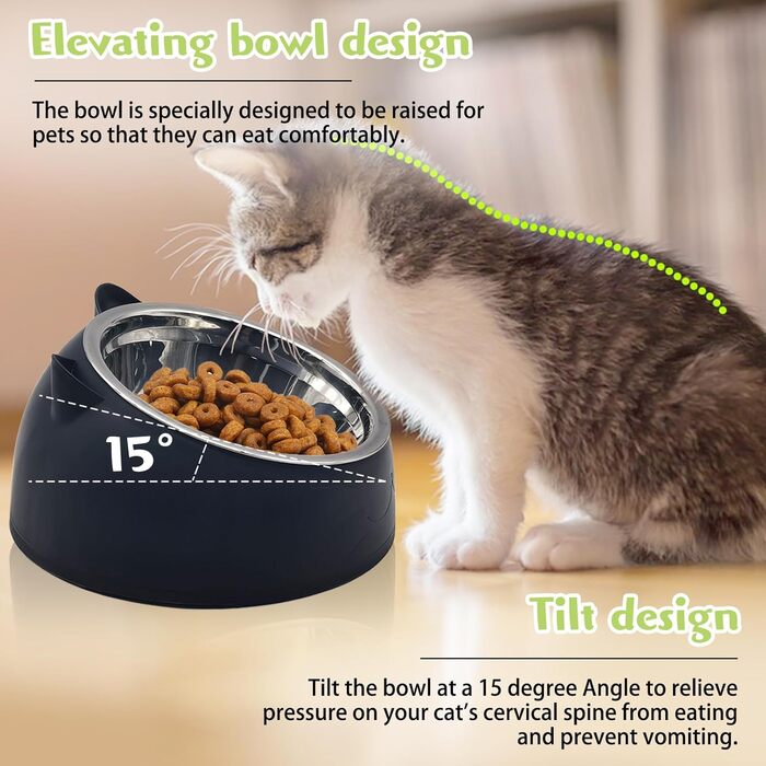 Набори мисок для котів Hamiledyi з підняттям, 4 шт., 15° нахил, нержавіюча сталь, анти-блювотна, не протікає, для кошенят, дорослих котів та кроликів (чорний + білий, 200 мл)