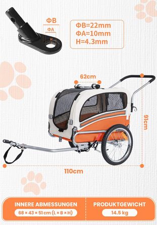 Причіп для собак SEPNINE® 2-в-1 для велосипеда та джоггінгу, до 30 кг, помаранчевий