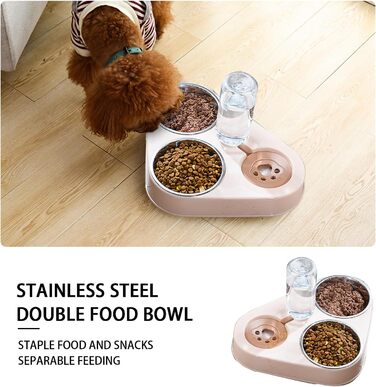 Миска для кота з нержавіючої сталі 3 в 1 з автоматичним дозатором води, подвійна миска для котів та собак (рожева)