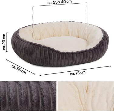 Корзина для собак Wallace & Jones Cameron, середнього розміру, овальна, пухнаста, антиковзаюча, антрацит-бежева, розмір M, 75 x 55 x 20 см