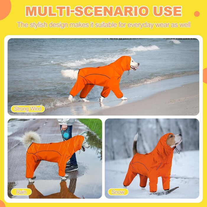 Водонепроникний дощовик для собак Adnikia з капюшоном, регульованими ніжками та отвором для повідка, з відбиваючими смугами, для холодної погоди, M, Оранжевий/Червоний (Zickzackmuster - Sunset Chevron)